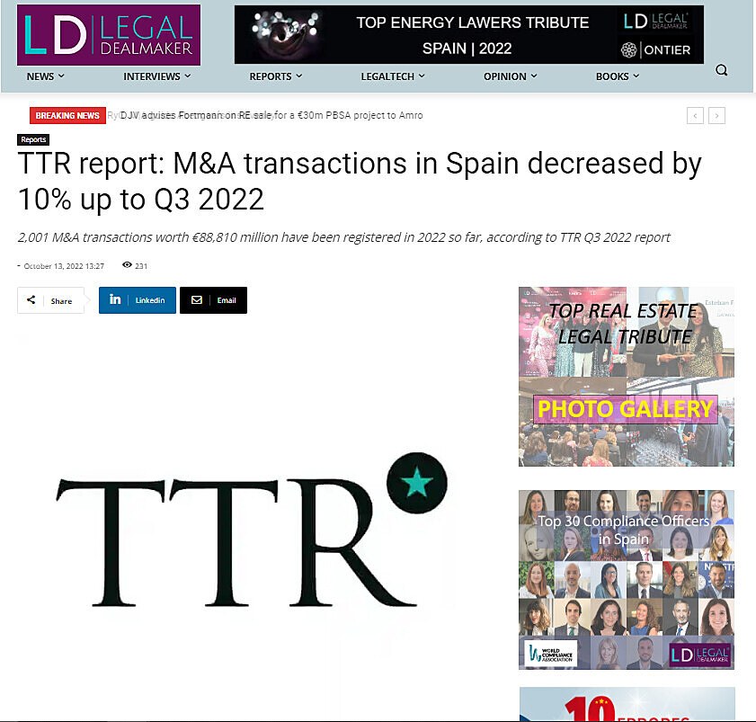 TTR report: M&A transactions in Spain decreased by 10% up to Q3 2022